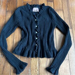 B+Ab Designer Black Ribbed Women's Sweater Peplum Pearl Buttons